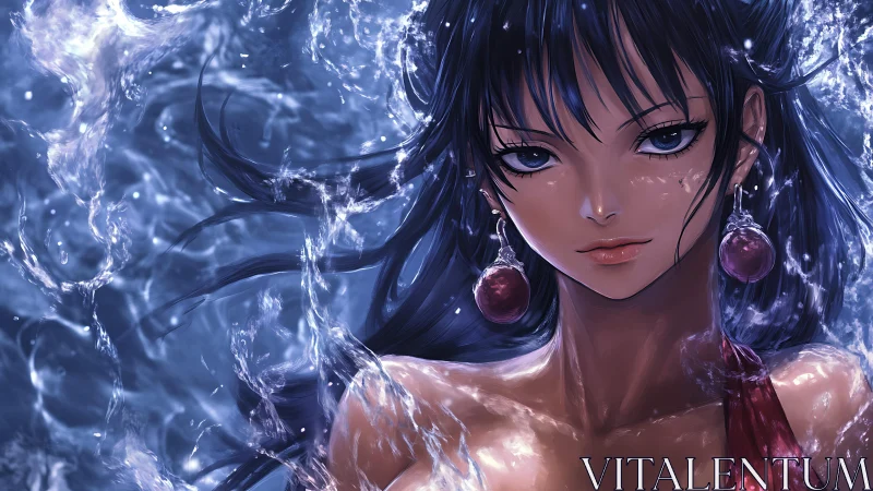 Iridescent blue eyed woman immersed in dynamically lit water