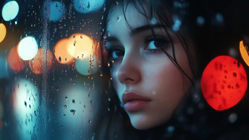 Moody digital portrait of girl at rainy city window.