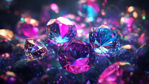 Neon-lit multifaceted gemstones in saturated cosmic glow.
