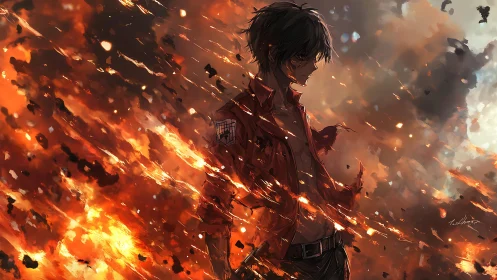 Solitary anime warrior stands amid diagonal cascading embers