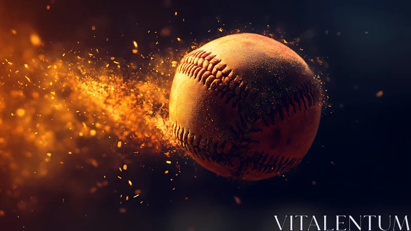 Baseball moves through dark space trailing glowing orange dust