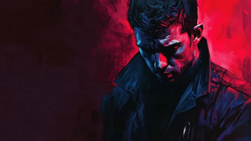 Male figure in dark coat against red abstract background.