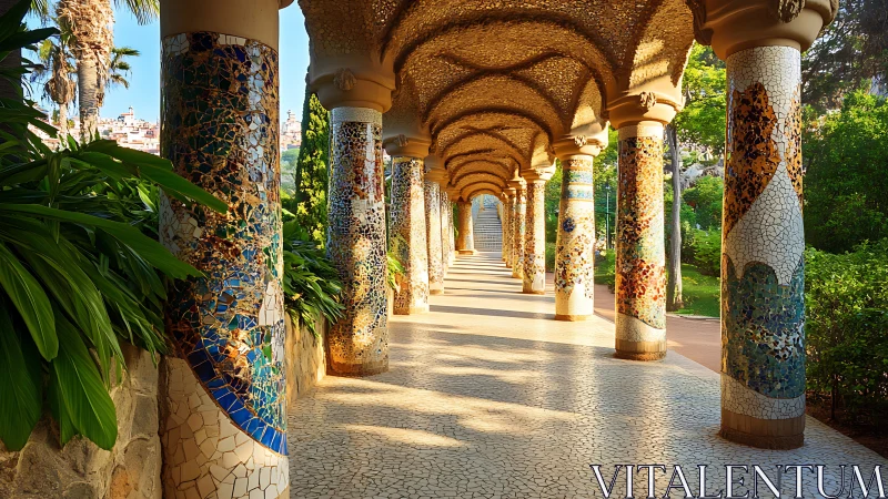 Sunlit mosaic colonnade in colorful city park walkway.