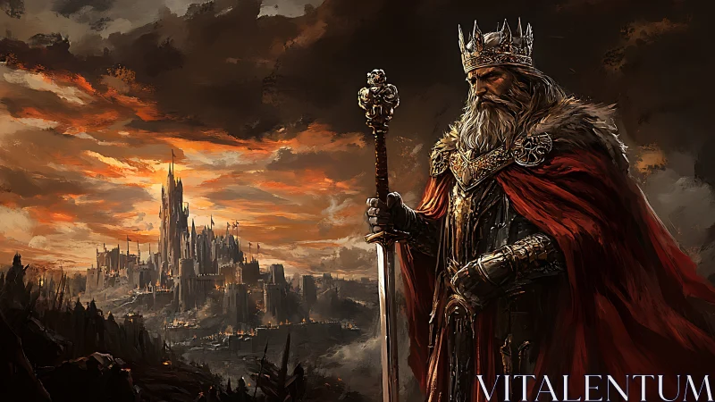 Battle-worn king in armor before burning fantasy citadel.