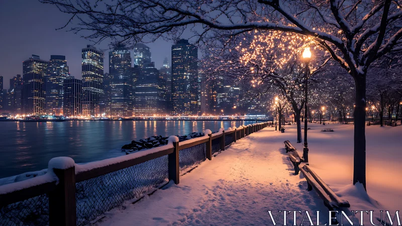 Snow covered riverside walkway faces illuminated city skyline