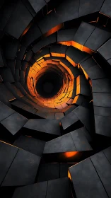 Spiral tunnel of fractured metal panels reveals molten core