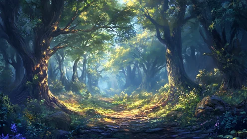 Ancient Forest Cathedral: Volumetric Light Through Towering Deciduous Canopy