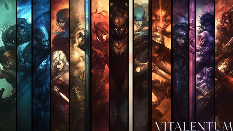 Segmented fantasy warriors align in chromatic character bands