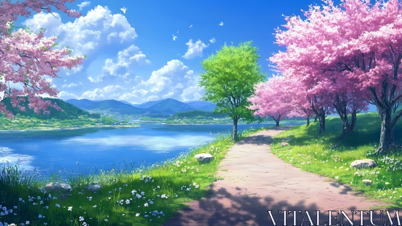 Cherry blossoms line lakeside path under bright blue sky