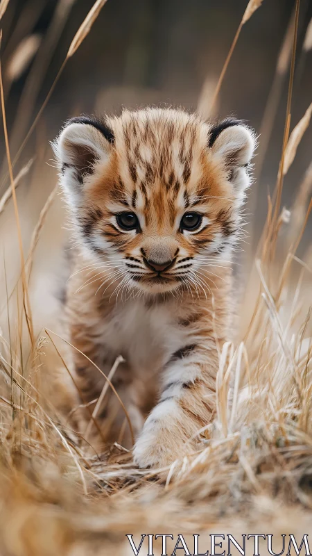 Tiger cub stalking through tall golden grass field.
