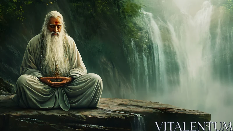 Elderly sage meditating above misty waterfall in digital painting