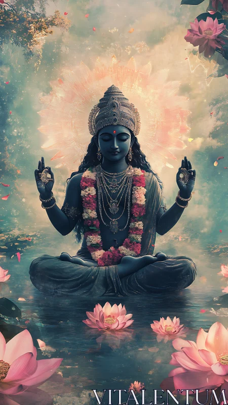 Blue-skinned meditative deity amid luminous lotus water halo