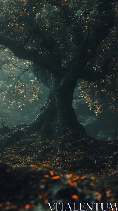 Cinematic fantasy tree portrait with moody volumetric lighting.