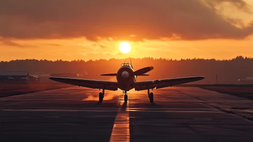 Vintage single-engine warbird taxiing on runway at sunset