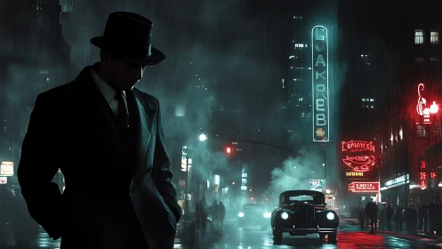 Noir detective in rainlit city with glowing neon haze.