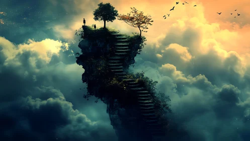 Floating cliff stairway above clouds with silhouetted figure