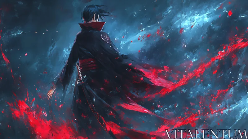 Dark warrior strides through swirling red energy storm.