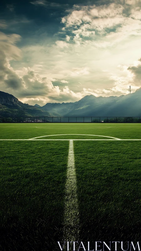 Soccer pitch centerline aligns with dramatic alpine horizon