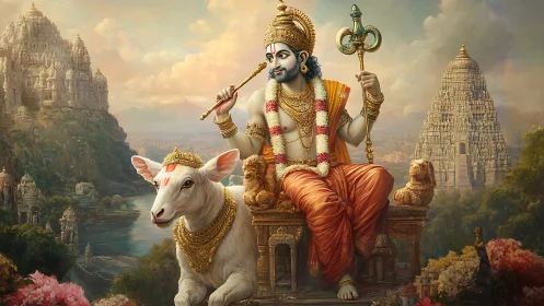 Seated deity with cow amid temple landscape is depicted