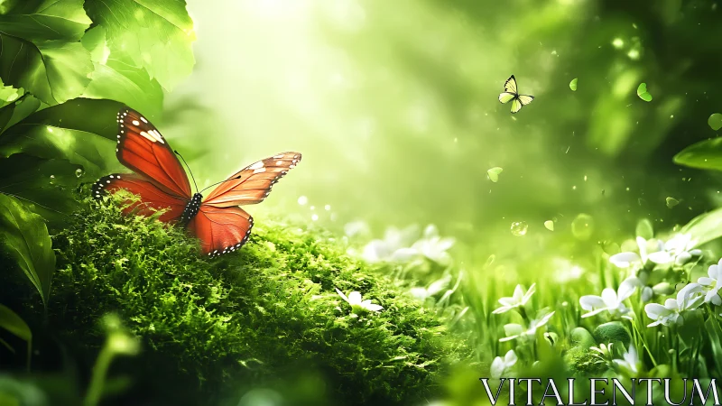 Orange butterfly rests in glowing, dreamlike forest light.