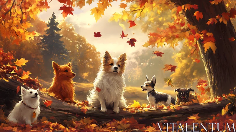 Autumn woodland dogs under cascading golden foliage.