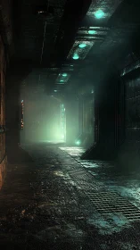 Cyberpunk service corridor with volumetric neon haze rendering.