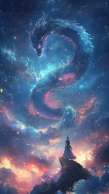 Celestial dragon form above lone figure on rocky summit.