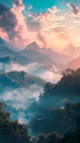 Volumetric mist over sunlit alpine jungle basin at dawn.