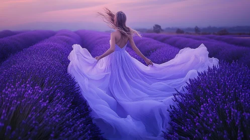 Woman in flowing dress walks through dense lavender rows at dusk