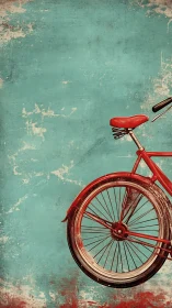Vintage Red Bicycle Against Weathered Turquoise Wall.