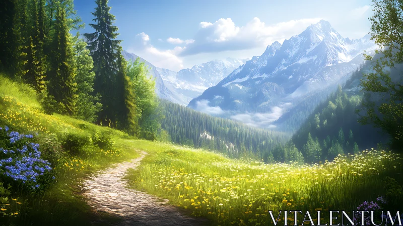 Luminous alpine valley path with stratified mountain vistas.