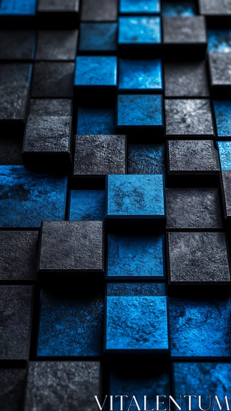 Layered blue and black textured cubes in grid pattern.
