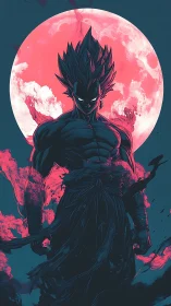 Dark anime warrior ascends in crimson moonlit power
