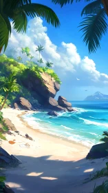 Tropical Island Paradise Beach with Rocky Cliffs and Palm Trees