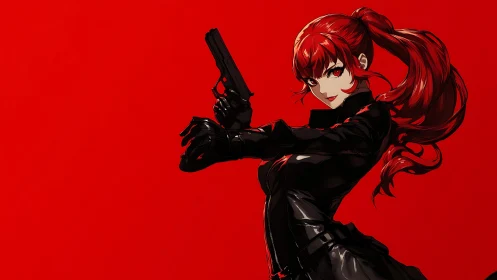 Red-haired anime assassin with pistol on bold red field.