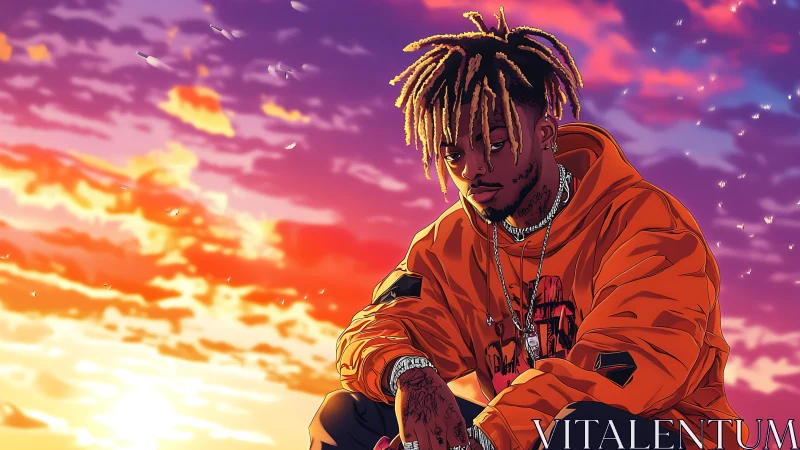 Pensive streetwear portrait under vivid sunset sky.