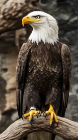 Regal bald eagle rests calmly on a weathered woodland perch