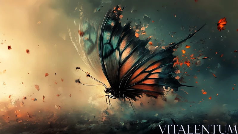 Shattering emberwing butterfly erupts through stormy twilight.