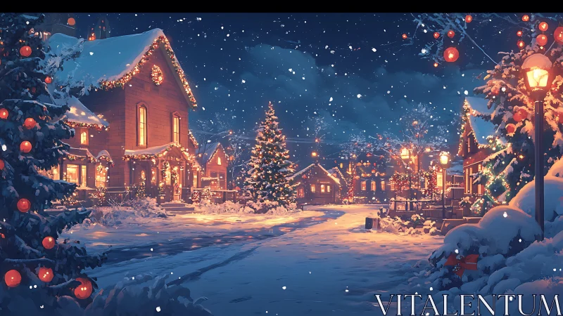 Snowy village street glowing with cozy holiday lights.