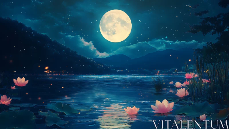 Moonlit lotus lake glimmering with soft night magic.