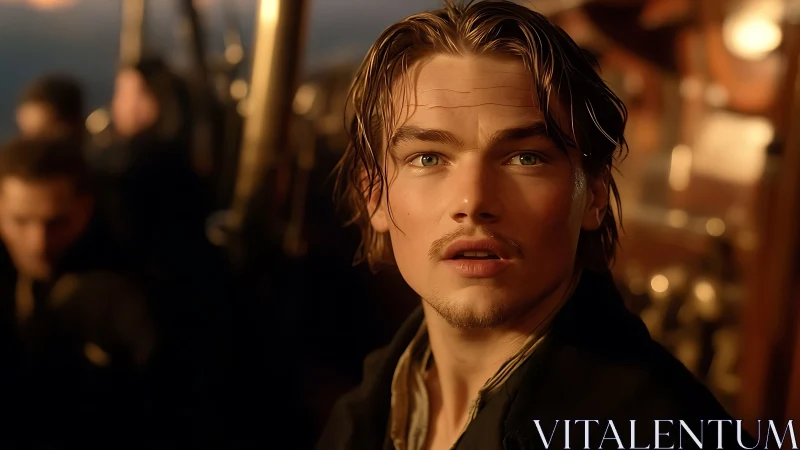 Wind-tossed dreamer gazes forward through molten sunset light