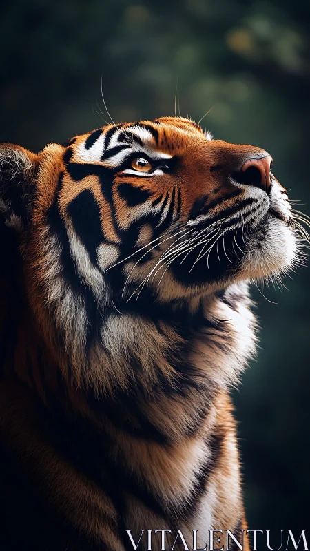 Majestic tiger portrait under soft forest rim light.