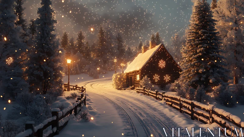 Snow-covered cabin on forest road with winter illumination.