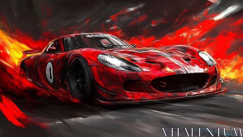 Red racing car in abstract flames on dark track background.