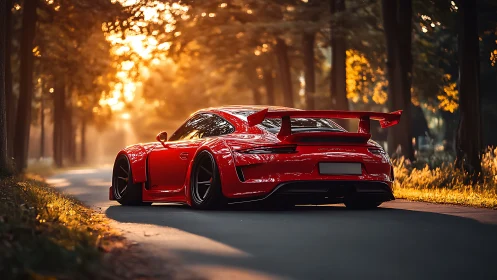 Aerodynamic red track coupe under volumetric forest sunset glow.