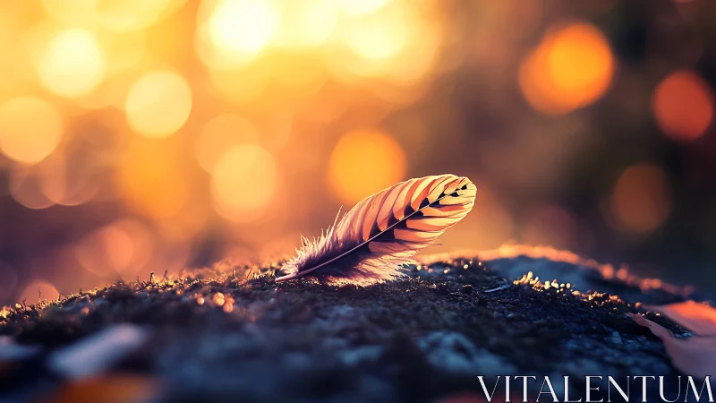 Soft feather on moss in dreamy golden bokeh landscape photograph.