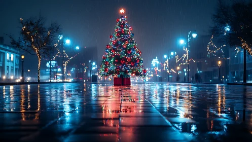 Illuminated Christmas tree on wet city street at night.