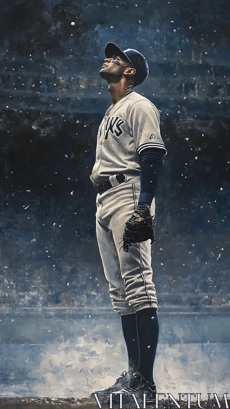 Floodlit baseball outfielder observing snowfall in stillness.