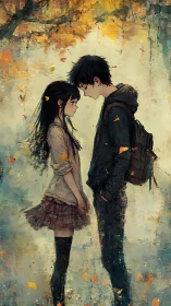 Autumn anime couple in intimate frontal pose under falling leaves