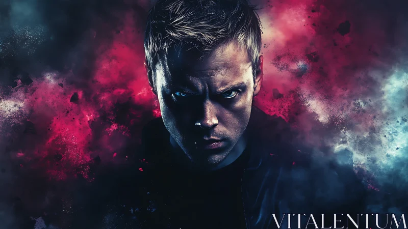 Intense blue eyed hero emerges from swirling cosmic smoke